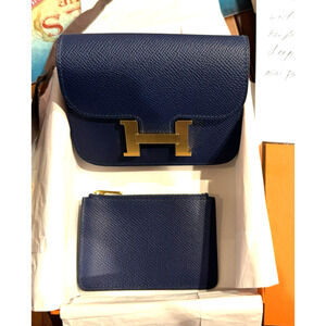 Hermes Constance Slim Mini Bag Wallet Blue Navy Sapphire Epsom Gold hw 2025 NEW